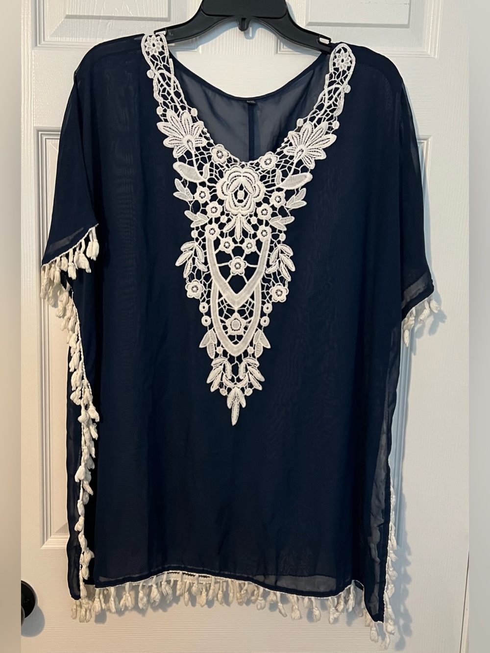 Boho Navy Crochet Tassel V-Neck Women's Swim Coverup Pullover Top Size L/XL EUC